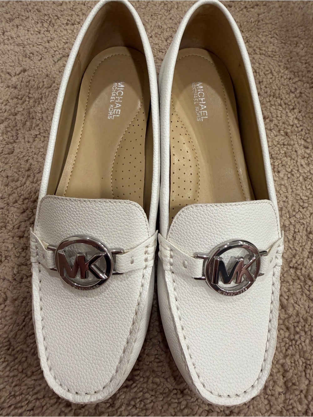 Michael Kors White Leather MK Circle Logo Loafers